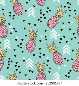 Seamless geometric pastel summer surf theme pineapple illustration sweet hearts background pattern in vector