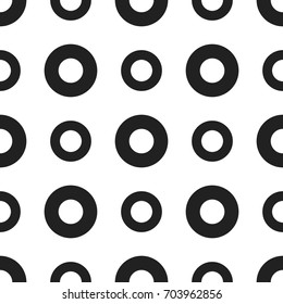 Seamless geometric patter with black circles on white background. 80s-90s retro design. Vector illustration.