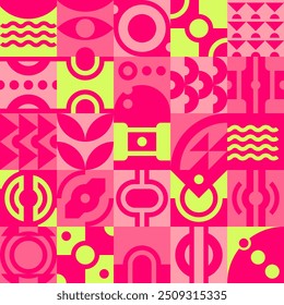 Padrão geométrico contínuo no estilo retro de 1920-1930 - bauhaus ou rondocubismo. Coleção de formas simétricas coloridas, rosa e amarelo