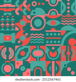 Seamless geometric pattern in 1920-1930 retro style - bauhaus or rondocubism. Colorful symmetrical shapes collection, green and red colors