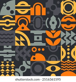 Seamless geometric pattern in 1920-1930 retro style - bauhaus or rondocubism. Colorful symmetrical shapes collection, yellow, gray and orange