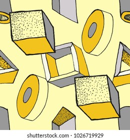 Seamless geometric pattern with 3d geometric objects. Abstract doodle background. Hand drawn primitives cube, torus, sphere, cone. Good for print, web, wrapping paper