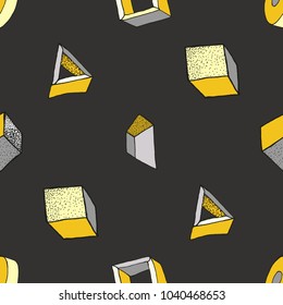 Seamless geometric pattern with 3d geometric objects. Abstract doodle background. Hand drawn primitives cube, torus, sphere, cone. Good for print, web, wrapping paper