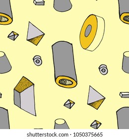Seamless geometric pattern with 3d geometric objects. Abstract doodle background. Hand drawn primitives cube, torus, sphere, cone. Good for print, web, wrapping paper