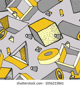 Seamless geometric pattern with 3d geometric objects. Abstract doodle background. Hand drawn primitives cube, torus, sphere, cone. Good for print, web, wrapping paper