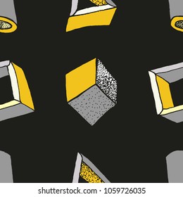 Seamless geometric pattern with 3d geometric objects. Abstract doodle background. Hand drawn primitives cube, torus, sphere, cone. Good for print, web, wrapping paper
