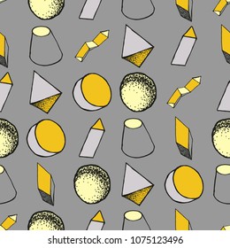 Seamless geometric pattern with 3d geometric objects. Abstract doodle background. Hand drawn primitives cube, torus, sphere, cone. Good for print, web, wrapping paper