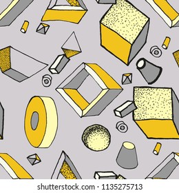 Seamless geometric pattern with 3d geometric objects. Abstract doodle background. Hand drawn primitives cube, torus, sphere, cone. Good for print, web, wrapping paper