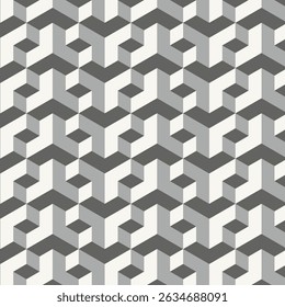 Motif géométrique harmonieux avec illusion d'optique 3D dans les tons gris. Design moderne abstrait cubique pour arrière-plans, fonds d'écran et décor contemporain.