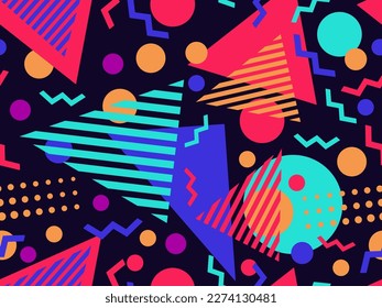 Seamless geometric pattern in 80s memphis style. Colorful geometric shapes. Design of promotional products, wrapping paper and printing. Vector illustration