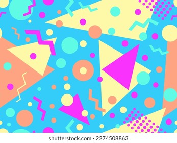 Seamless geometric pattern in 80s memphis style. Colorful geometric shapes. Design of promotional products, wrapping paper and printing. Vector illustration