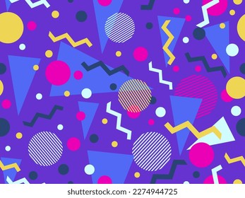 Patrón geométrico sin foco en el estilo memphis de los años 80. Formas geométricas coloridas. Diseño de productos promocionales, papel envolvente e impresión. Ilustración del vector