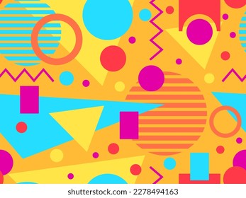Seamless geometric pattern in 80s memphis style. Colorful geometric shapes. Design of promotional products, wrapping paper and printing. Vector illustration