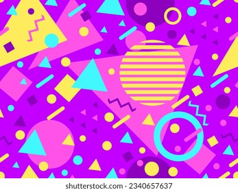 Seamless geometric pattern in 80s memphis style. Colorful geometric shapes. Design of promotional products, wrapping paper and printing. Vector illustration
