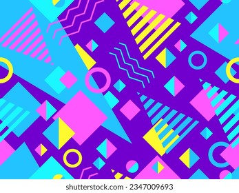 Seamless geometric pattern in 80s memphis style. Colorful geometric shapes. Design of promotional products, wrapping paper and printing. Vector illustration