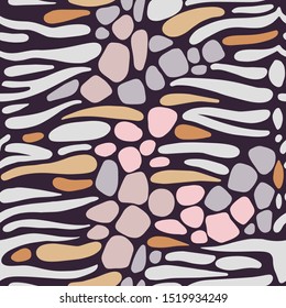Seamless geometric pattern. Abstract background with curved stripes and oval shapes. Hand-drawn colorful strokes, paving stone forms. Stylish texture with smooth Irregular elements blocks pattern.