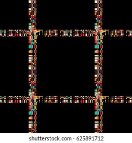 Seamless geometric pattern. Abstract background with messy rectangle elements. Colorful squares on black backdrop
