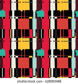 Seamless geometric pattern. Abstract background with messy rectangle elements. Colorful squares on black backdrop