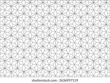 Seamless Geometric Pattern, Abstract seamless black and white geometric pattern featuring a complex tessellation of rhombuses and triangles forming star-like shapes. Ideal for backgrounds, textiles,
