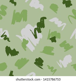 Seamless geometric pattern with abstract brush strokes on green background. Contemporary repeat vector ornament, great for packaging, fabrics, textile, home decor, wallpaper, apparel design and more.