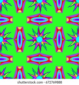Seamless geometric pattern with abstract circles and elements. Details placement quadratically on green background.