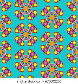 Seamless geometric pattern with abstract circles and elements. Details placement quadratically on azure background.