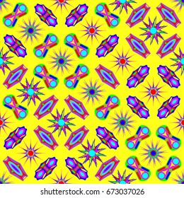 Seamless geometric pattern with abstract circles and elements. Details placement quadratically on yellow background.