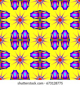 Seamless geometric pattern with abstract circles and elements. Details placement quadratically on yellow background.