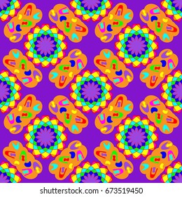 Seamless geometric pattern with abstract circles and elements. Details placement quadratically on purple background.