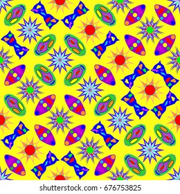 Seamless geometric pattern with abstract circles and elements. Details placement quadratically on yellow background.