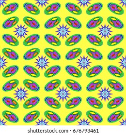 Seamless geometric pattern with abstract circles and elements. Details placement quadratically on yellow background.