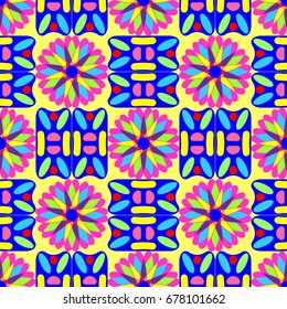 Seamless geometric pattern with abstract circles and elements. Details placement quadratically on yellow background.