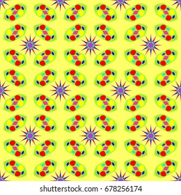 Seamless geometric pattern with abstract circles and elements. Details placement quadratically on yellow background.