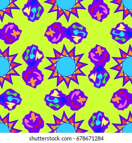 Seamless geometric pattern with abstract circles and elements. Details placement quadratically on green background.