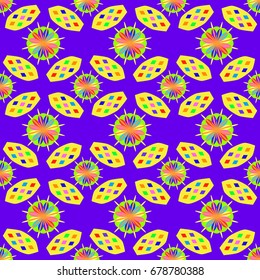 Seamless geometric pattern with abstract circles and elements. Details placement quadratically on violet background.