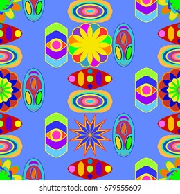 Seamless geometric pattern with abstract circles and elements. Details placement quadratically on blue background.