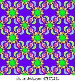 Seamless geometric pattern with abstract circles and elements. Details placement quadratically on violet background.