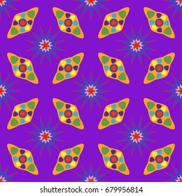 Seamless geometric pattern with abstract circles and elements. Details placement quadratically on purple background.