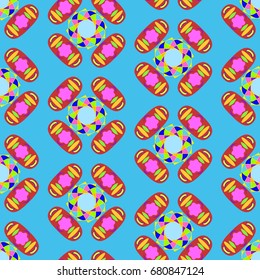 Seamless geometric pattern with abstract circles and elements. Details placement quadratically on azure background.