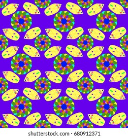 Seamless geometric pattern with abstract circles and elements. Details placement quadratically on violet background.