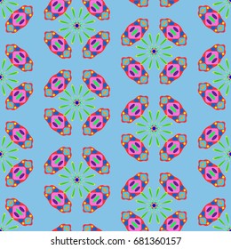 Seamless geometric pattern with abstract circles and elements. Details placement quadratically on azure background.