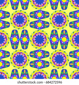 Seamless geometric pattern with abstract circles and elements. Details placement quadratically on yellow background.