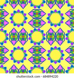 Seamless geometric pattern with abstract circles and elements. Details placement quadratically on yellow background.