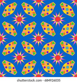 Seamless geometric pattern with abstract circles and elements. Details placement quadratically on blue background.