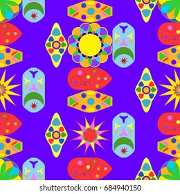 Seamless geometric pattern with abstract circles and elements. Details placement quadratically on violet background.