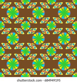 Seamless geometric pattern with abstract circles and elements. Details placement quadratically on brown background.