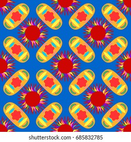 Seamless geometric pattern with abstract circles and elements. Details placement quadratically on blue background.