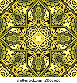 Seamless geometric pattern with abstract ethnic forms and stars. Symmetric tribal ornament in shadows of olive colors. Stained glass style endless background. Vector file is EPS8.
