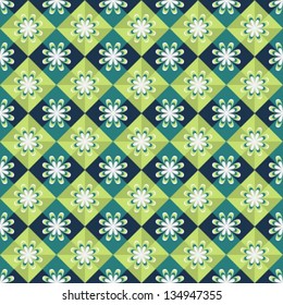 Seamless geometric pattern with abstract flowers on green background, endless textile texture
