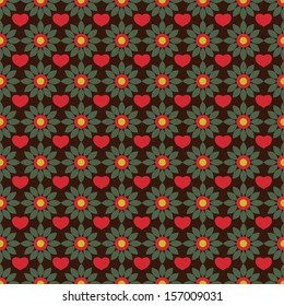 Seamless geometric pattern of abstract flowers and hearts. Vector dark background in retro style